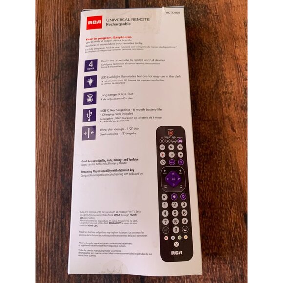 RCA Rechargeable Universal Remote For 4 Devices W/ Quick Streaming Buttons - Picture 2 of 2